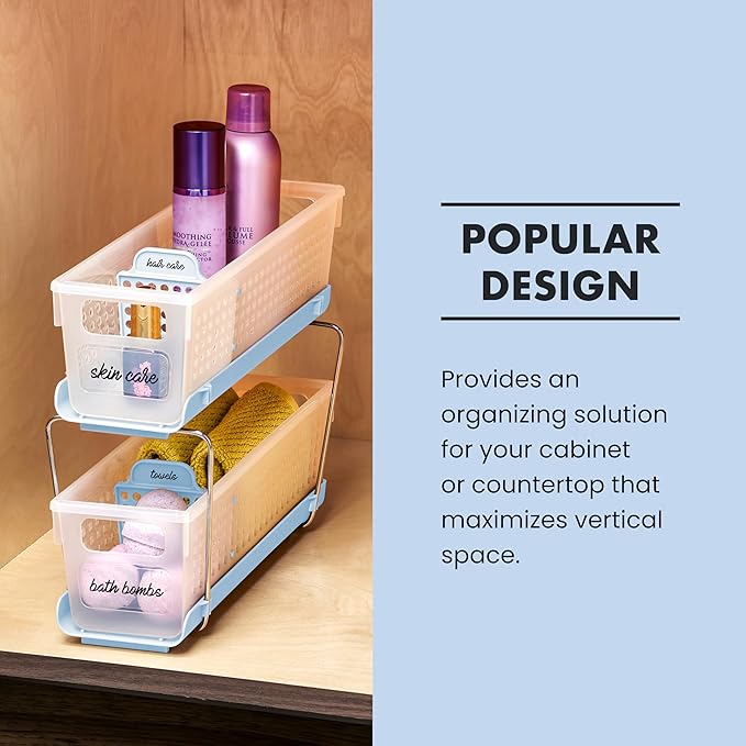 madesmart 2 Tier Bath Organizer, Under Cabinet Storage with Sliding Drawers, for Cleaning Supplies, Pantry, Sponges, Bottles & Kitchen Essentials, Adjustable Dividers & Pull Out Sliding Baskets, Blue