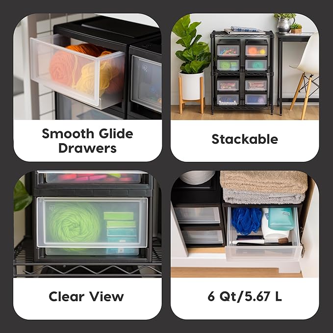 USA 6 Qt. Plastic Drawer Storage Organizer Stacking Drawers, 2-Pack, Black
