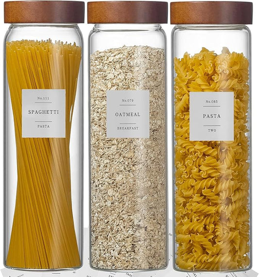 Wissy&Konny 3 Pack Glass Pasta Storage Containers with Screw wood Airtight Lid