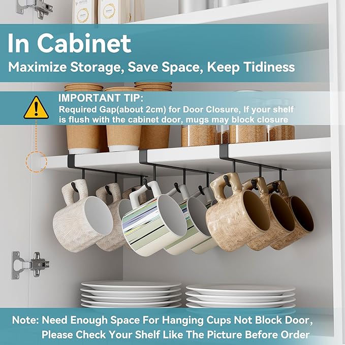 ECROCY Coffee Mug Holder Under Cabinet, 3pcs Coffee Cup Holder Only Fits Flat Shelf Without Any Lip, Clip-On Coffee Mug Organizer No Drilling Free Damage
