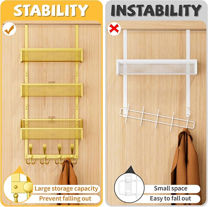 Kaiferty Over The Door Hooks Organizer, Coat Rack Over The Door Storage Hanger Towel Rack, Back of Door Storage Organizer for Bathroom,Bedroom,Kitchen,Office (Gold, 4-Tier)