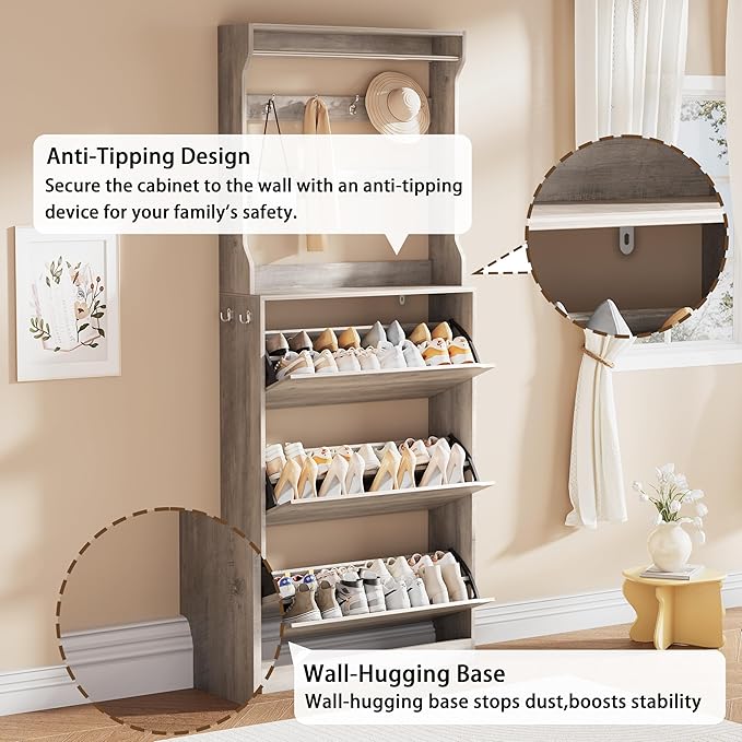 Shoe Storage Cabinet, Wood Shoe Organizer for Entryway with 3 Flip Drawers, Freestanding Shoe Rack with Adjustable Shelf, Narrow Shoe Dresser for Front Door Entrance(Grey, 78.74" x 31.5" x 9.37")