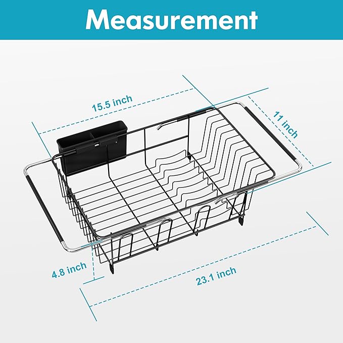 Over the Sink Expandable Dish Drainer Drying Rack In Stainless Steel for Small Kitchen, Counter Space Saving Modern Compact Metal Above Plate Dryer Strainer, Adjustable Hanging Inside Drain Holder
