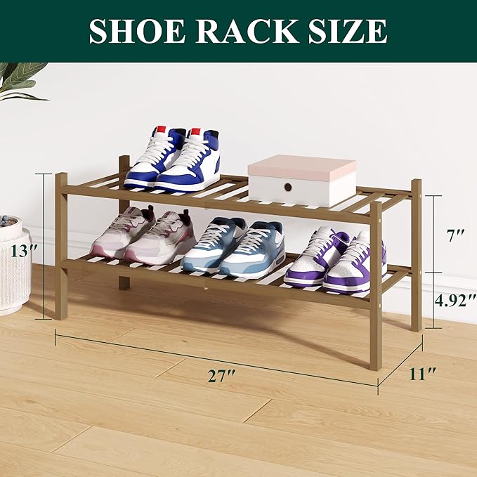 Smiry Bamboo Shoe Rack for Closet, 2 Tier Wooden Shoe Organizer, Stackable Wood Shoe Storage Shelf for Entryway, 14 Vertical Slats, One-piece Heavy-Duty Legs, 26.77"x11.02"x12.99", Walnut