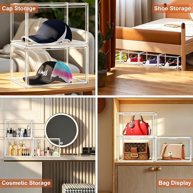 12 Pack Acrylic Shoe Storage Boxes Clear Sneaker Shoe Display Case Fit US Size 12, Stackable Hat Sneaker Shoe Organizer for Closet, Entryway, Underbed, Space Saving Shoe Boxes for Men Women