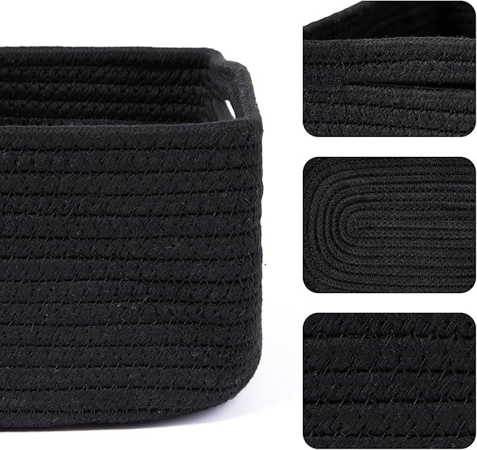 MiniArk Small Storage Baskets for Organizing | Closet Organizer Bins | Shelf Toy Basket | Woven Rope Baskets | Cube Decorative Box | Shallow Basket | 13x8.5x5.1” | 4 Packs Black