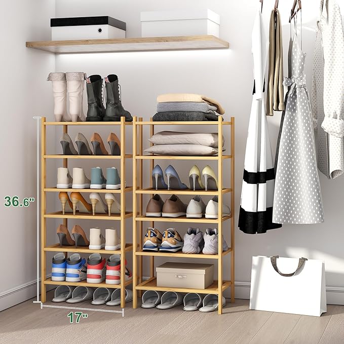 kiplant 6-Tier Small Bamboo Shoe Rack for Entryway, Stackable | Foldable | Natural, Shoe Organizer for Hallway Closet, Free Standing Shoe Racks for Indoor Outdoor