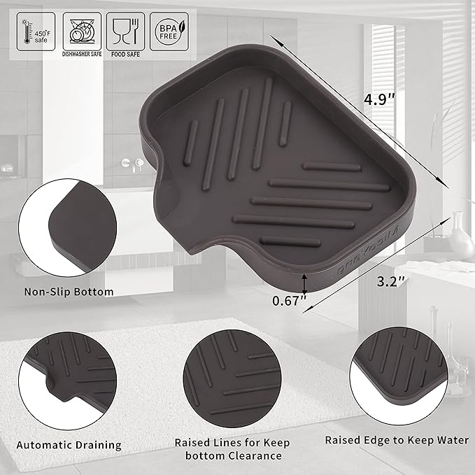MicoYang Silicone Soap Dish with Drain Spout — Self-Draining Sink Organizer Tray for Bathroom & Kitchen, Holds Bar Soap, Sponges & Dispensers, Non-Slip & Dishwasher Safe, Coffee (Small, 4.9"×3.2")