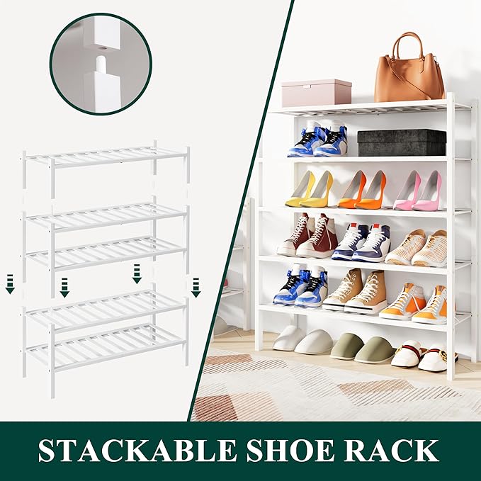 Smiry Bamboo Shoe Rack, 5 Tier Free Standing Wooden Shoe Organizer, Stackable Wood Shoe Storage Shelf for Closet, Entryway, 12 Vertical Slats, 2+2+1 Stack Standard Legs, 26.8"x11"x32.5", White