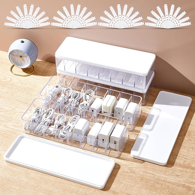 4 Pcs Cable Organizer Box with Wire Ties, Clear,White