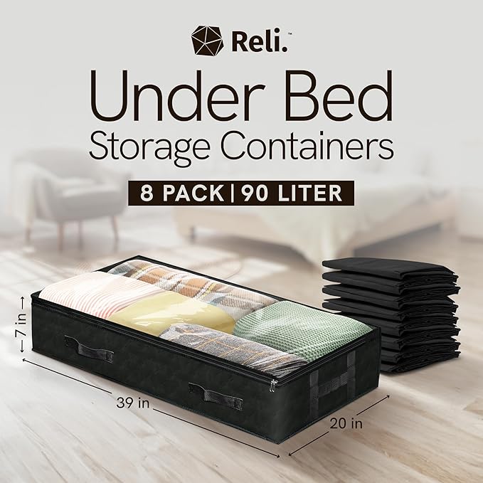 Reli. 90L Under Bed Storage Containers (8 Pack) | Closet Organizer with Clear Window | Underbed Storage Bins for Towels, Sweaters, Linens | Large Organizer for Closet (Black)
