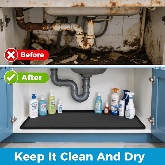 URMONA 22'' x 19'' Waterproof Silicone Under Sink Mat Cabinet and Counter Protector, Shelf Liner for Kitchen and Bathroom, Storage and Organizers, Litter Mat, Pet Cat Puppy Essentials（Charcoal）