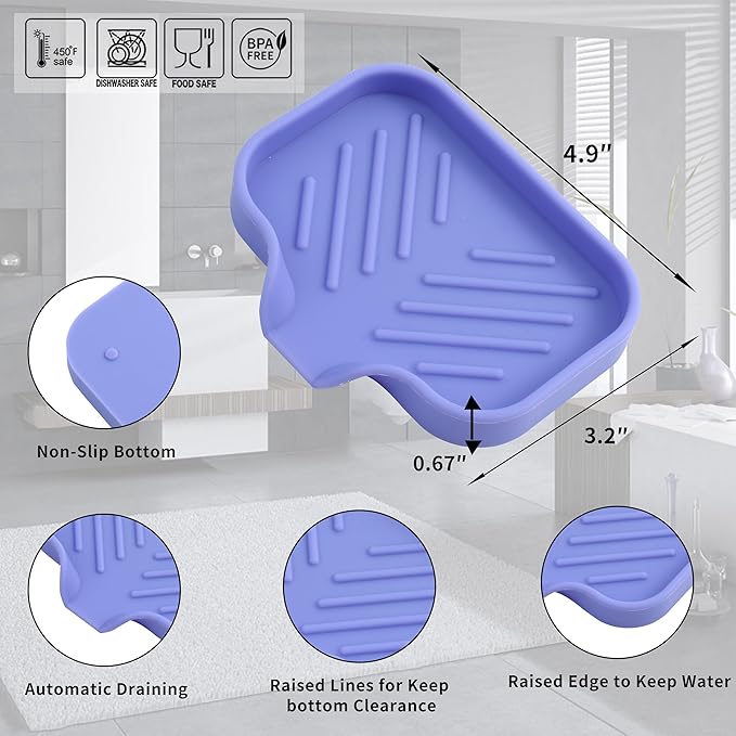 MicoYang Silicone Soap Dish with Drain Spout — Self-Draining Sink Organizer Tray for Bathroom & Kitchen, Holds Bar Soap, Sponges & Dispensers, Non-Slip & Dishwasher Safe,Light Purple(Small,4.9"×3.2")