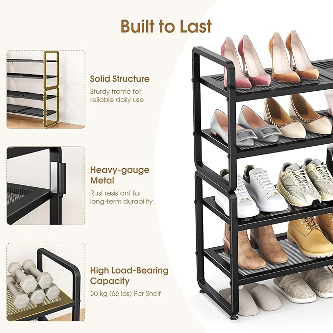 Expandable Shoe Rack for Closet, Black, 4-Tier