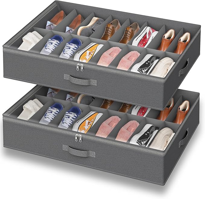 Under Bed Shoe Storage Organizer for Closet, 32 Pairs Sturdy Underbed Shoe Storage Boxes Bins Container Foldable Shoes Storage with Handles & Clear Window for College Dorms Light Grey, Set of 2