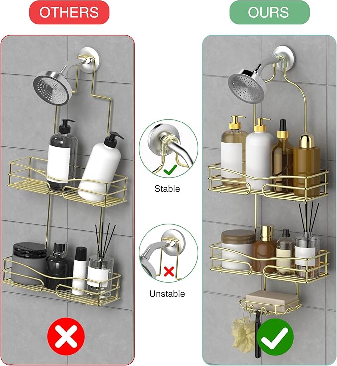 DAOYA Over the Shower Head Caddy - 3 Tier Shower Caddy Hanging, Gold Bathroom Organizer with Soap Holder & Hooks