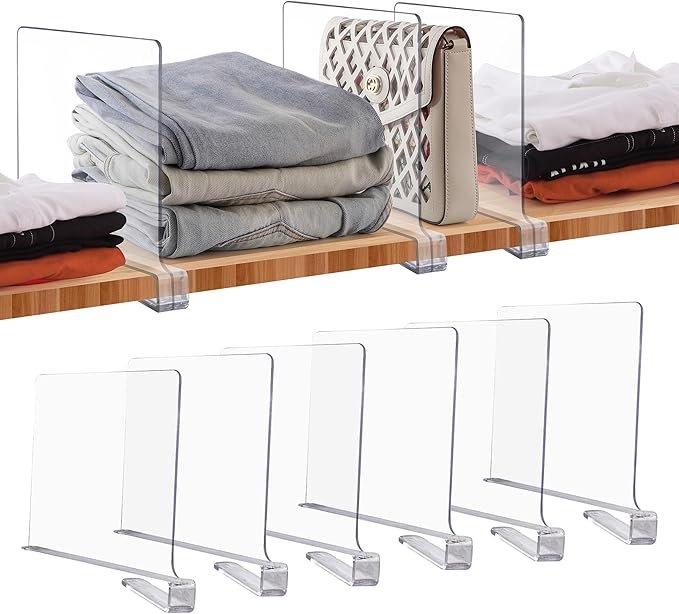JOY DECOR 6 Pack Acrylic Clear Shelf Dividers for Closets Organizer and Storage Adjustable Vertical Wood Shelf Closet Separators for Clothes,Book,Bags in Bedroom and Kitchen