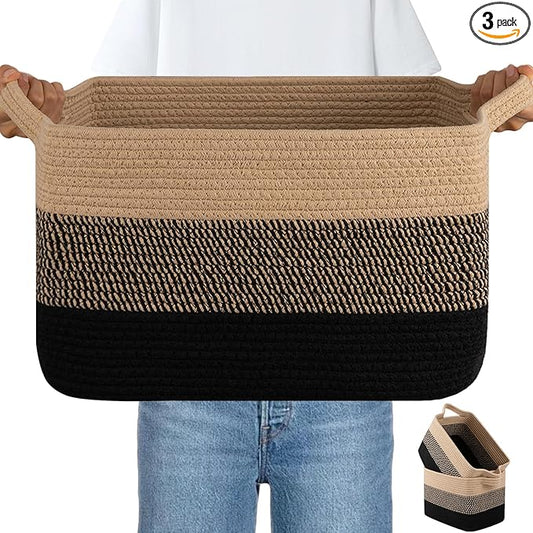 Woven Storage Basket, Cotton Rope Baskets for Toys, Towel, Black & Brown