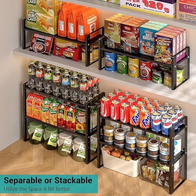 2 Pack Expandable Cabinet Organizer Shelves, 88lbs High Weight Capacity, Stackable Heavy-Duty Metal Storage Rack, Adjustable Cabinet Shelf for Kitchen, Pantry, Cupboard, Under Sink, Black
