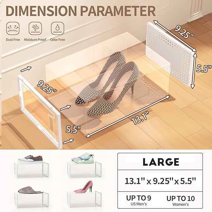12 Pack X-Large Clear Shoe Storage Boxes, Stackable Modular Plastic Shoe Organizer Front-Opening Door, Fits up to US Size 9 to13, Ventilated Dust-Proof Sneaker Display Cases Closet and Entryway, White