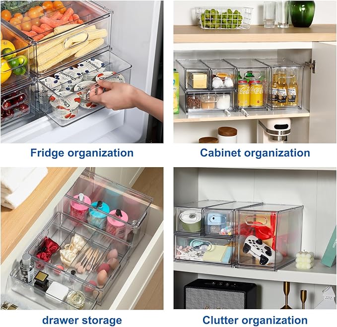 Fridge Drawer Pull Out Stackable Bins, Clear Refrigerator Stackable Organizers, Fridge Organizer Storage for Kitchen, Pantry, Vegetables, Fruits (2 Small)
