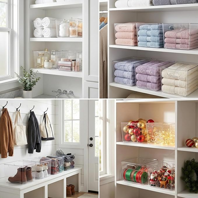 Sorbus Clear 11x11 Cube Storage Bins, 6 Pack Large Square Organizer Bins with Handles, Stackable Plastic Storage Containers for Cube Storage, Closet, Shelf & Home Organization, BPA-Free