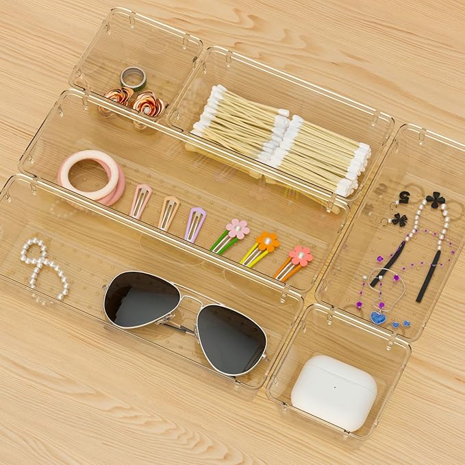 6 Pack Clear Drawer Organizer Set, Acrylic Drawer Storage Trays, Champagne
