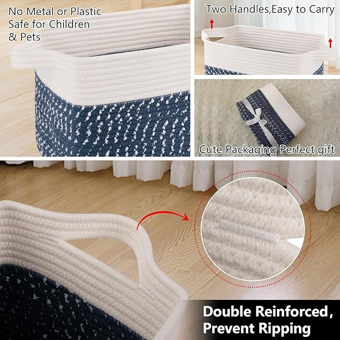 Storage Basket, Woven Baskets for Storage, White Blue