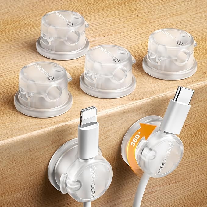 NEWDERY Magnetic Cord Organizer, 6 Pack Clear Adhesive Cable Clips with 360° Swivel & 1s Lock, Desk Cord Holder for Charger, Phone, Nightstand, Perfect for Cable Management