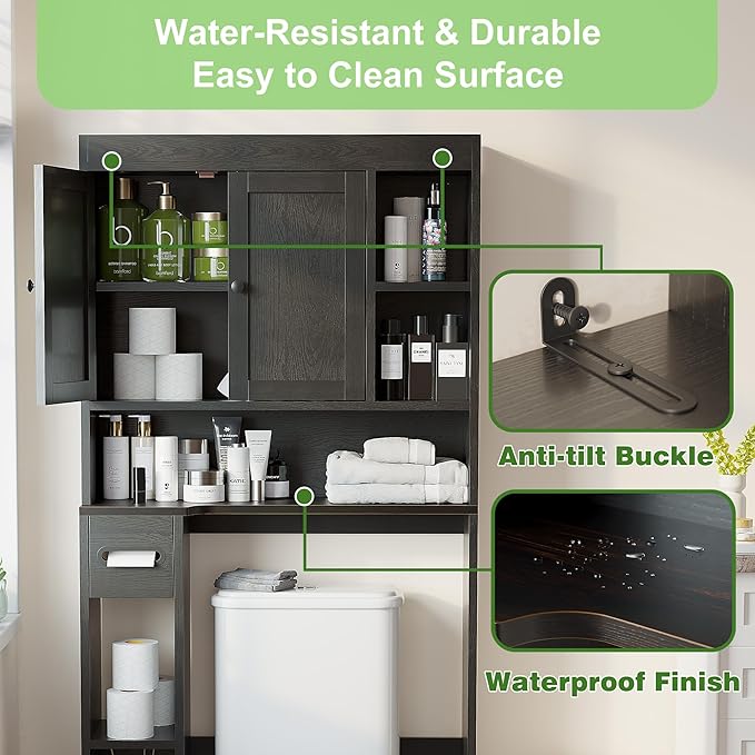 Over The Toilet Storage Cabinet with 7 Shelves, Imitation Walnut Grain Above Toilet Bathroom Organizer with Toilet Paper Holder Stand, Space Saver for Restroom, Laundry, Bathroom (Black)