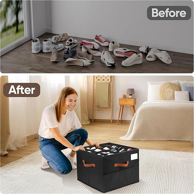 Shoe Organizer for Closet, 1 Pack Shoe Storage Container with Adjustable Dividers, Space Saving Shoe Box Storage Organizer Bin with Clear Lid and 4 Handles, Fits 8-16 Pairs, Pure Black