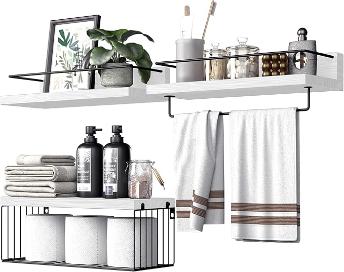 PopiShelves Bathroom Shelves Over Toilet for Wall, Floating Shelves with Storage Basket Paper Holer for Kitchen Living Room, Bedroom & Classroom, Set of 3 (White and Black)