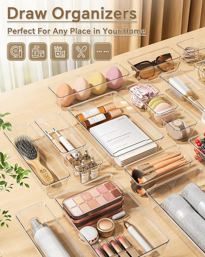 25 PCS Plastic Drawer Organizers Set, 4 Sizes Vanity Organizer, Clear