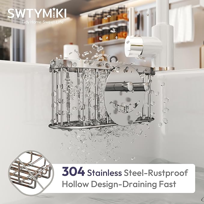 SWTYMIKI Sponge Holder for Kitchen Sink - Movable Sink Caddy with Smiley Face Sponge Holder, Rustproof Hanging Sponge Organizer in Double Bowl Sinks Depth>3.15in, Middle Divider<1.5in, Silver