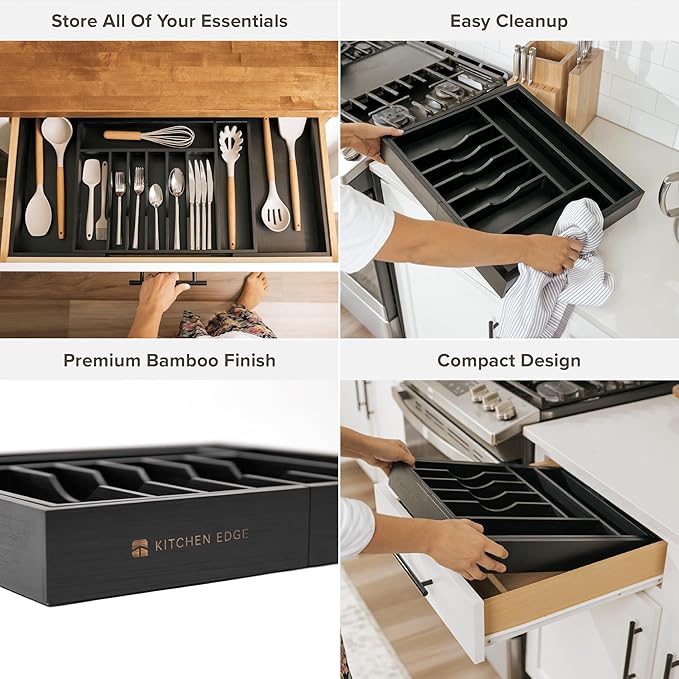 KitchenEdge Premium Silverware, Flatware and Utensil Organizer for Kitchen Drawers, Food-Safe Contract Grade, Expandable from 18 to 33 In, Black Bamboo