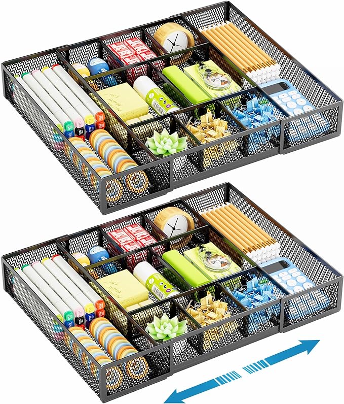 Expandable Desk Drawer Organizer, Expandable Black-2 pack