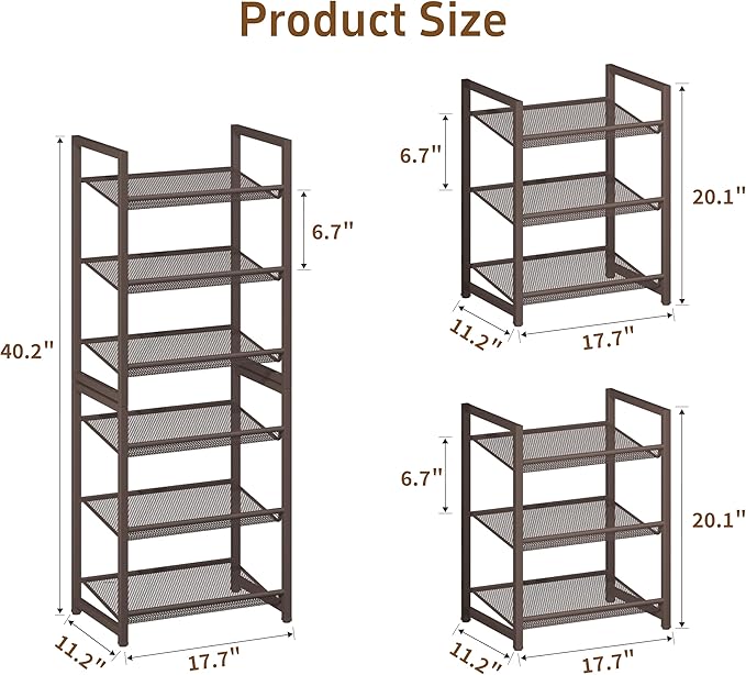 6 Tier Shoe Rack, Stackable Shoe Storage with Mesh Shelves, Holds 12-15 Pairs, Metal Shoe Organizer for Entryway Closet Garage, Bronze