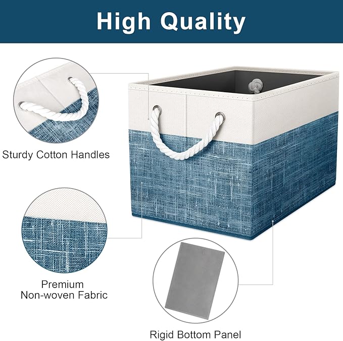 Fab totes Storage Bins 2-Pack, Foldable Storage Baskets for Organizing Toys, Books, Shelves, Closet, Large Storage Box with Rope Handles, Sturdy Organizer Bins, White & Blue