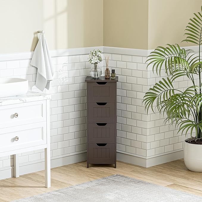 Bathroom Floor Storage Cabinet, Freestanding Wooden Side Organizer w/4 Drawers & Anti-Tip Kit for Bathroom Living Room Hallway Office Study, Coffee