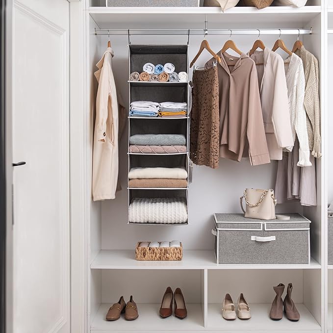 StorageWorks Hanging Closet Organizer, 5-Shelf Hanging Shelves with 2 Hooks, Foldable Space-Saving Design, Closet Organizers and Storage for Bedroom, Dorm, Locker, Gray