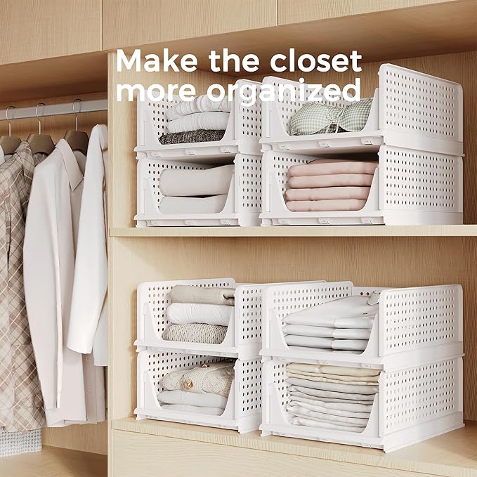 Stackable Plastic Storage Basket, Foldable Closet Organizers