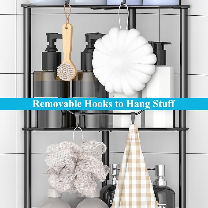 HuggieGems 2 Tier Floor Standing Corner Shower Caddy Organizer Shelf with Hooks, Bathroom Shelves Stand Rack, Matt Black