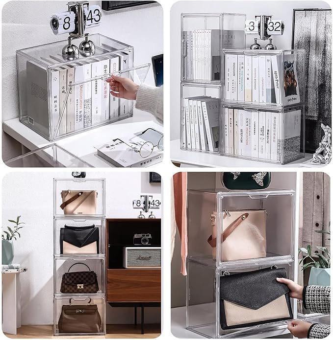 GUDEMAY Clear Stackable Plastic Storage Bins with Magnetic Lid, Dustproof Book & Cosmetic Display Cases, Large Figures Collectibles Showcase, Shoe Box, Protection Organizer (L, Count, 5)