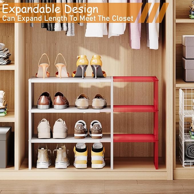 3-Tier Expandable White Shoe Rack Organizer for Closet, Stackable Shoe Racks Storage Shelf, Small Metal Wood Combination Shoe Shelves for Closets,Entryway,Front Door, Narrow Space,Hallway,8-16 Pairs