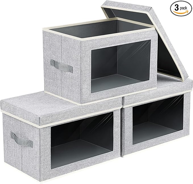 Homsorout Fabric Storage Bins with Lids - 3 Packs Storage Cubes with Window, Foldable Storage Baskets Bins for shelves, Closet Storage Boxes for Towels, Clothes, Home, Office, Blended