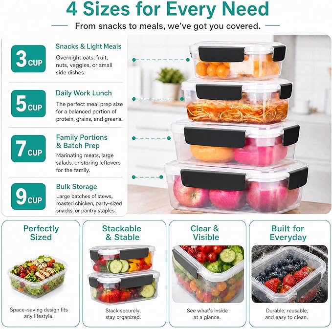 YORY 5 cup Plastic Food Storage Containers with Lids Nestable Freezer Dishwasher Safe Rectangle Meal Prep Container Set,5-Pack