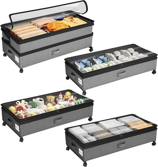 4 Pack Height-adjustable Under Bed Storage with Wheels, Gray