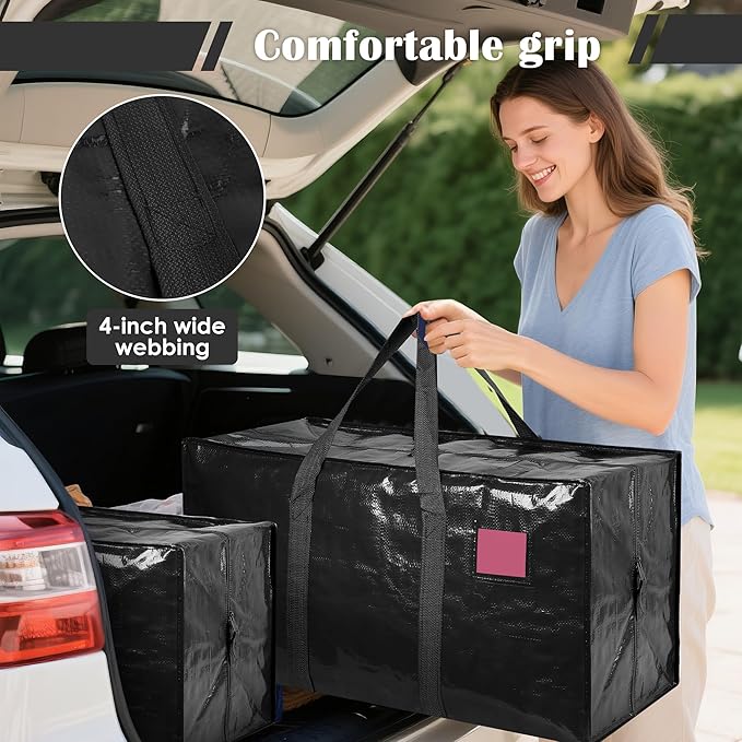 12 Pack Moving Bags with Full-Open Side Zipper, Extra Large 93L Heavy Duty Waterproof Foldable Storage Totes for College Dorm, Moving & Home Organization Black