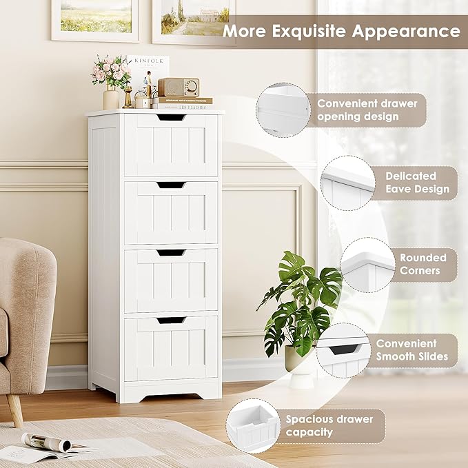 FOTOSOK Bathroom Storage Cabinet, Bathroom Cabinet with 4 Drawers, 11.8” x 11.8” x 32.5” Freestanding Entryway Cupboard Storage Organizer Unit Home Furniture Decor, White