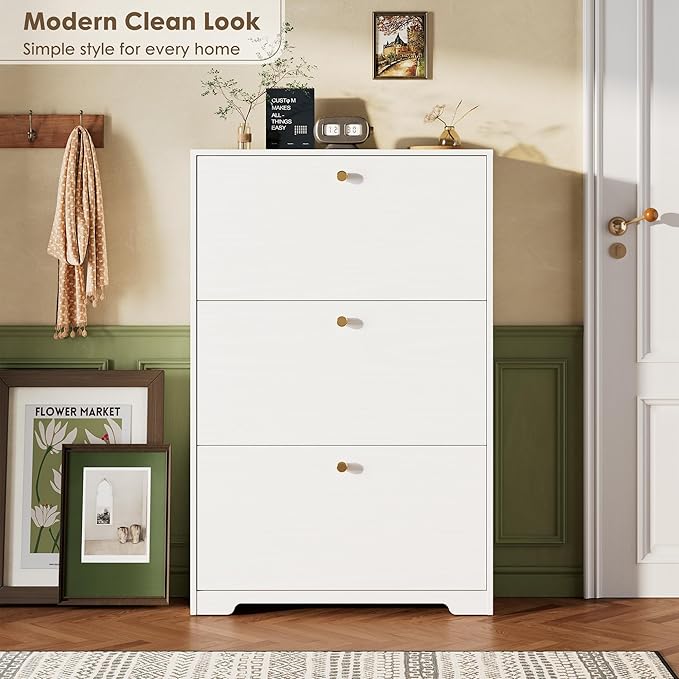 Nicetree Shoe Cabinet with 3 Flip Drawers, Narrow Shoe Organizer Cabinet, Freestanding Shoe Rack Cabinet, Morden Shoe Storage Cabinet for Entryway, Hallway, Foryer, White